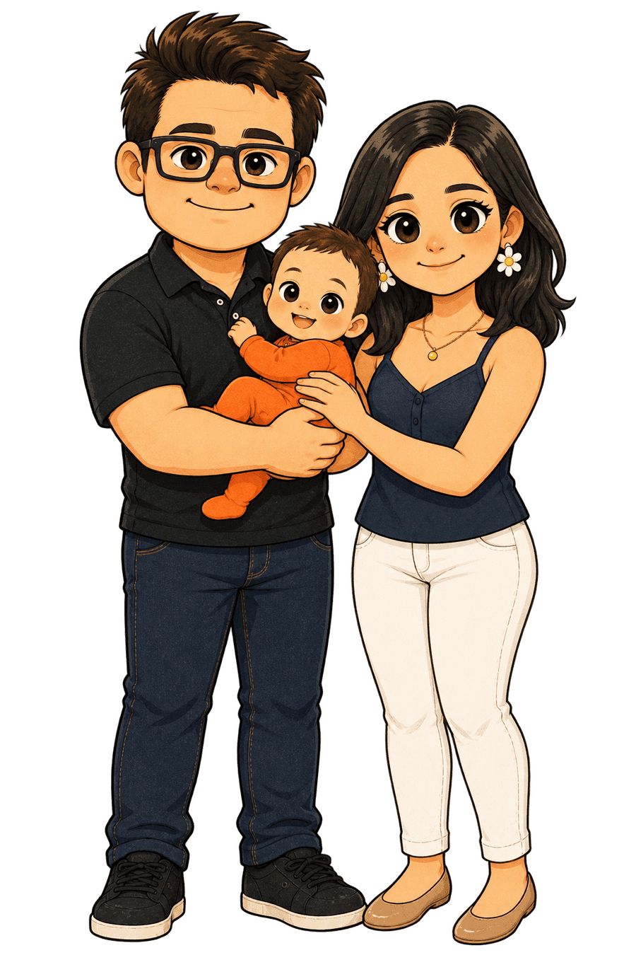 Ilustración de la familia: papá y mamá sosteniendo a la bebé
